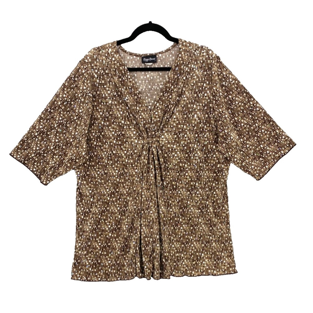 Maggie Barnes Blouse womens size 1X Crinkle Abstract Print Sequins short sleeve